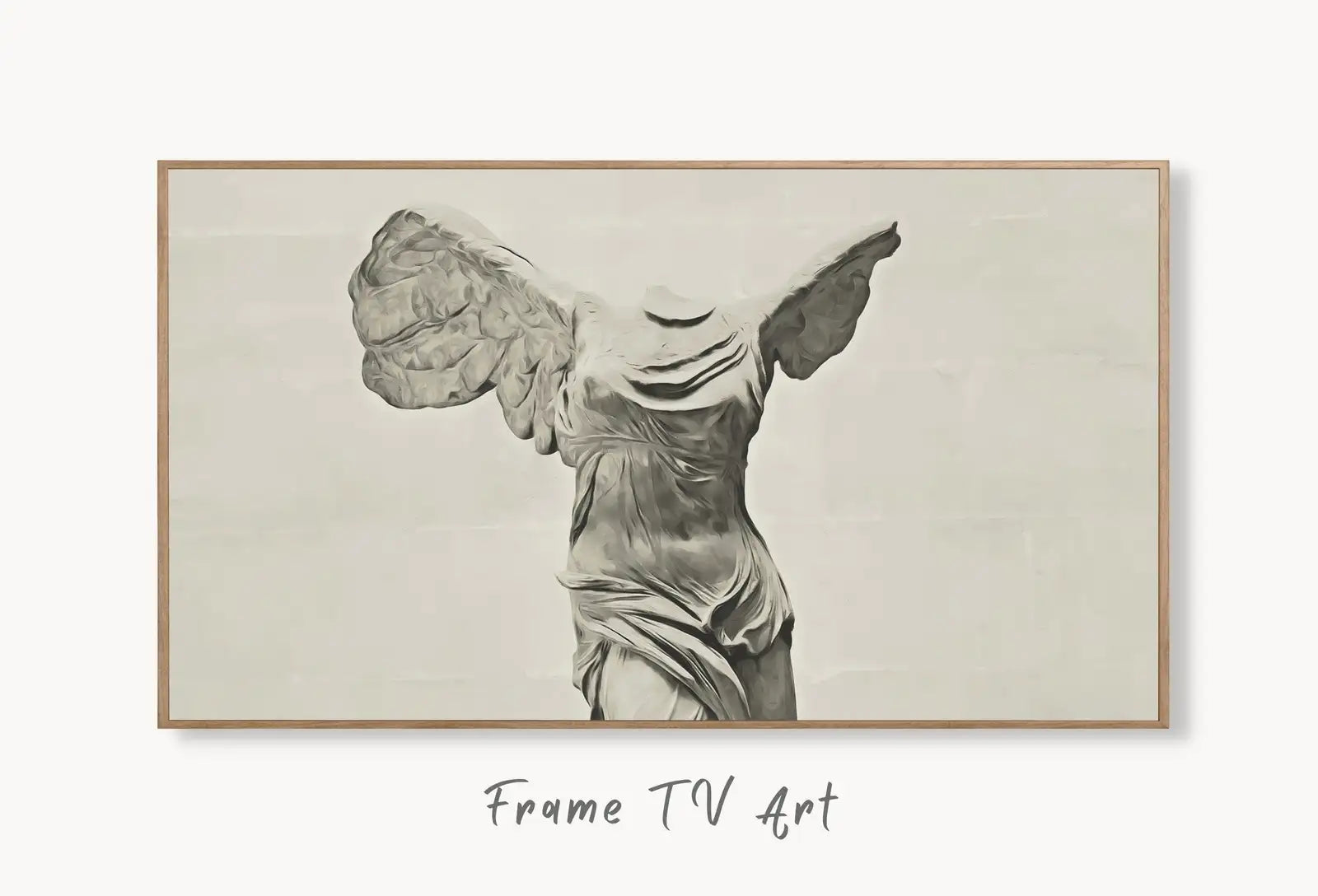 Samsung Frame TV Art 4K Winged Victory of Samothrace Ancient Greek Mythology Art Vintage Painting. Greek Goddess Statue Art for Frame TV. displayed on Samsung Frame TV on a living room wall.