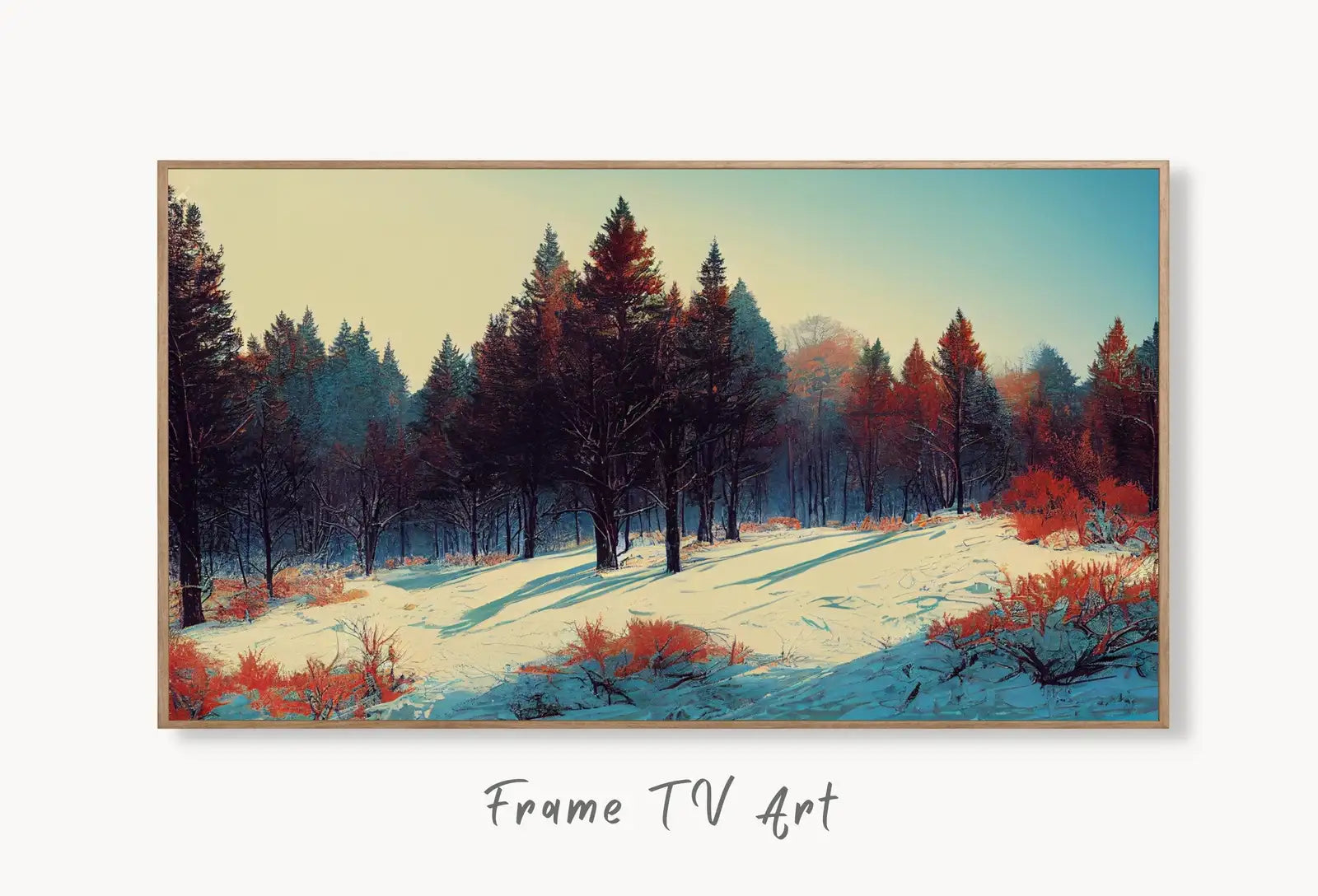 Samsung Frame TV Art 4K Winter Forest Country Scenery Landscape. Instant Download Rustic Winter Art for the Frame TV. Landscape Art for TV displayed on Samsung Frame TV on a living room wall.