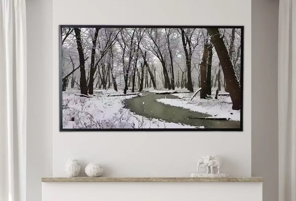 Samsung Frame TV Art 4K Winter Forest River Landscape Digital Painting. Instant Download. Snow Art for Samsung Frame TV. Art for TV – Frame TV  Art