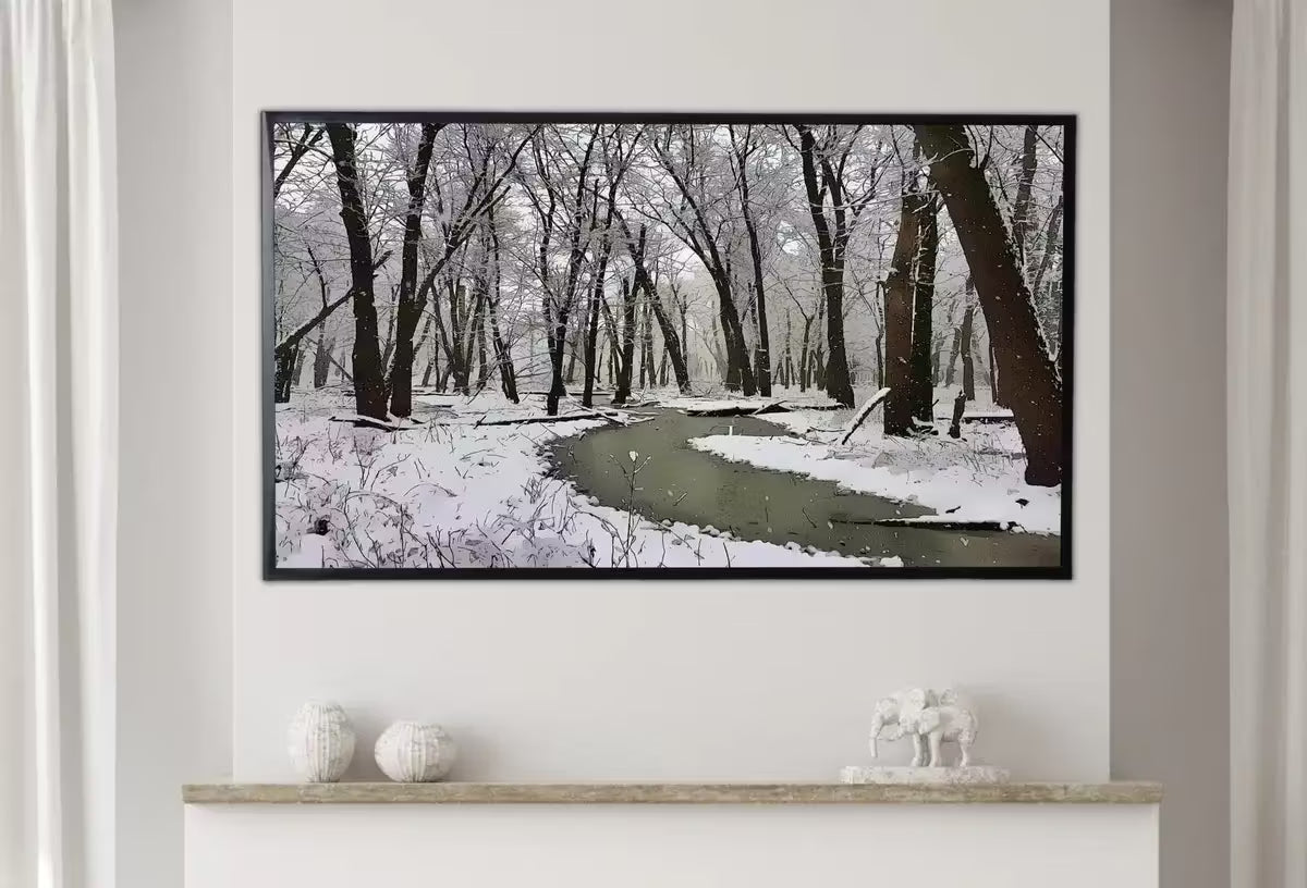 Samsung Frame TV Art 4K Winter Forest River Landscape Digital Painting. Instant Download. Snow Art for Samsung Frame TV. Art for TV – Frame TV  Art