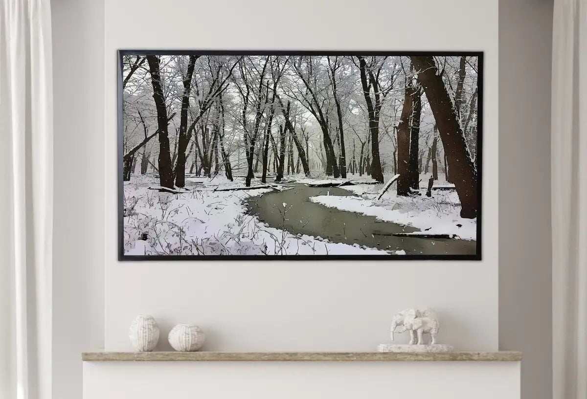 Detail view of artwork from Samsung Frame TV Art 4K Winter Forest River Landscape Digital Painting. Instant Download. Snow Art for Samsung Frame TV. Art for TV. (variation 2)