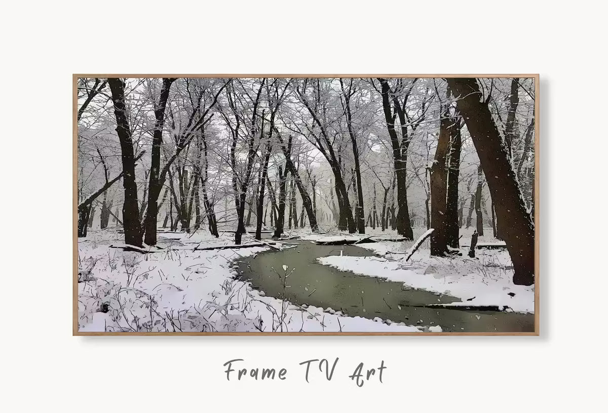 Samsung Frame TV Art 4K Winter Forest River Landscape Digital Painting. Instant Download. Snow Art for Samsung Frame TV. Art for TV – Frame TV  Art