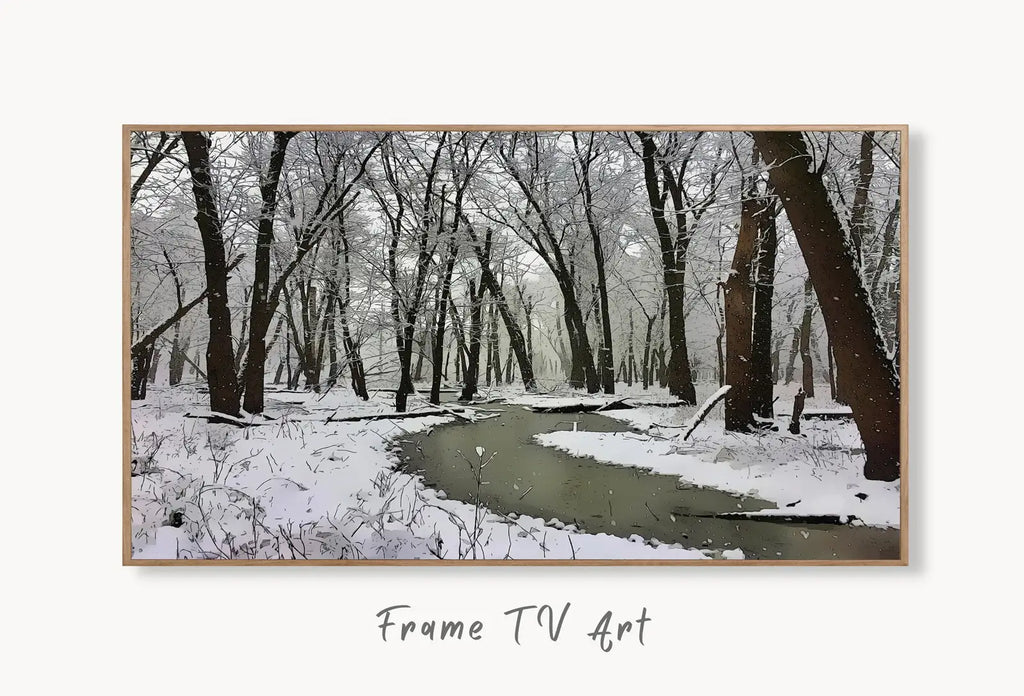 Samsung Frame TV Art 4K Winter Forest River Landscape Digital Painting. Instant Download. Snow Art for Samsung Frame TV. Art for TV displayed on Samsung Frame TV on a living room wall.