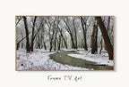 Samsung Frame TV Art 4K Winter Forest River Landscape Digital Painting. Instant Download. Snow Art for Samsung Frame TV. Art for TV displayed on Samsung Frame TV on a living room wall.