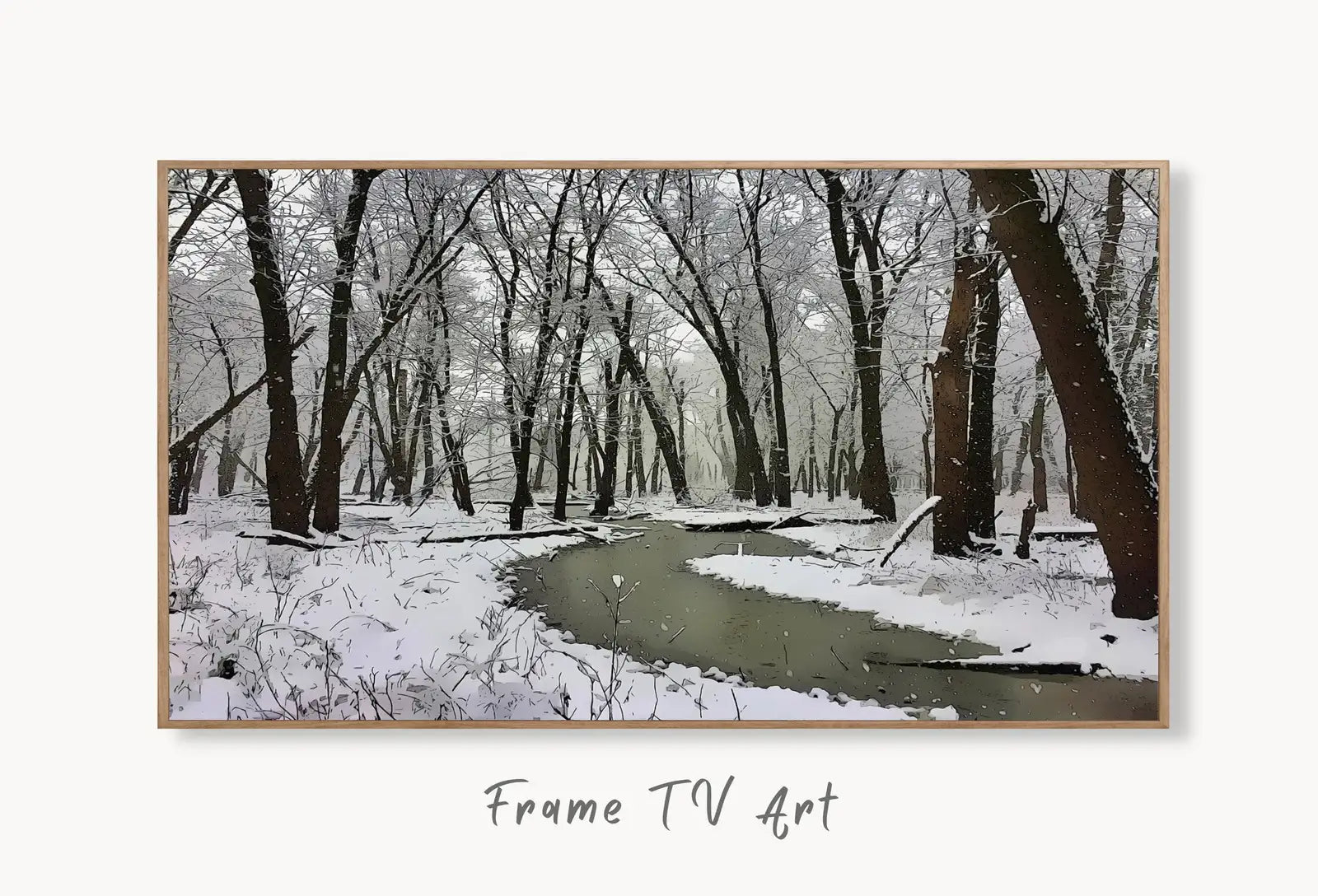 Samsung Frame TV Art 4K Winter Forest River Landscape Digital Painting. Instant Download. Snow Art for Samsung Frame TV. Art for TV displayed on Samsung Frame TV on a living room wall.