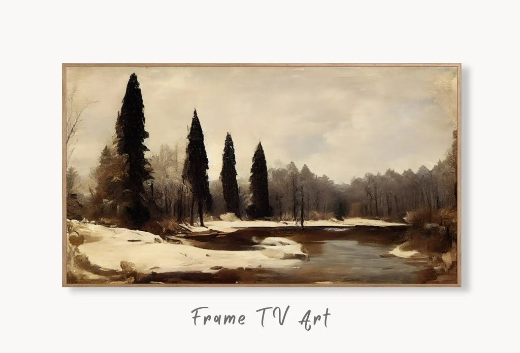 Samsung Frame TV Art 4K Winter Forest River Landscape Rustic Digital Painting. Instant Download Muted Art for Samsung Frame TV. Art for TV displayed on Samsung Frame TV on a living room wall.