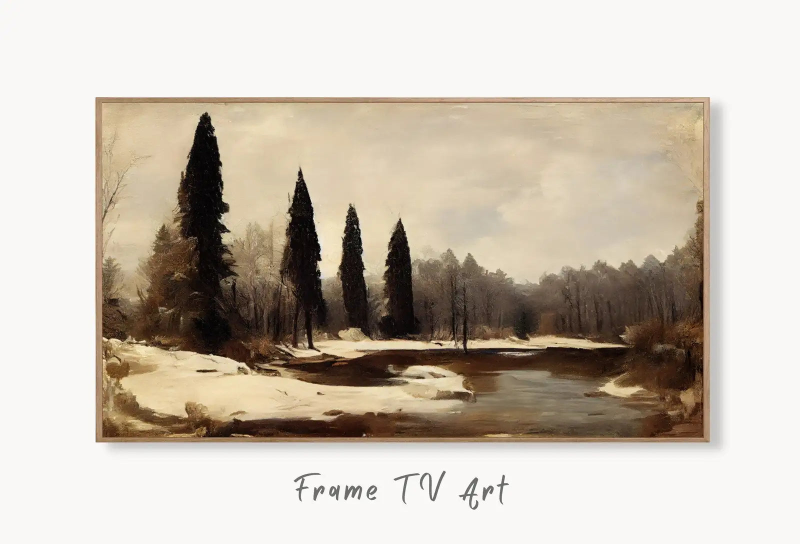 Samsung Frame TV Art 4K Winter Forest River Landscape Rustic Digital Painting. Instant Download Muted Art for Samsung Frame TV. Art for TV displayed on Samsung Frame TV on a living room wall.
