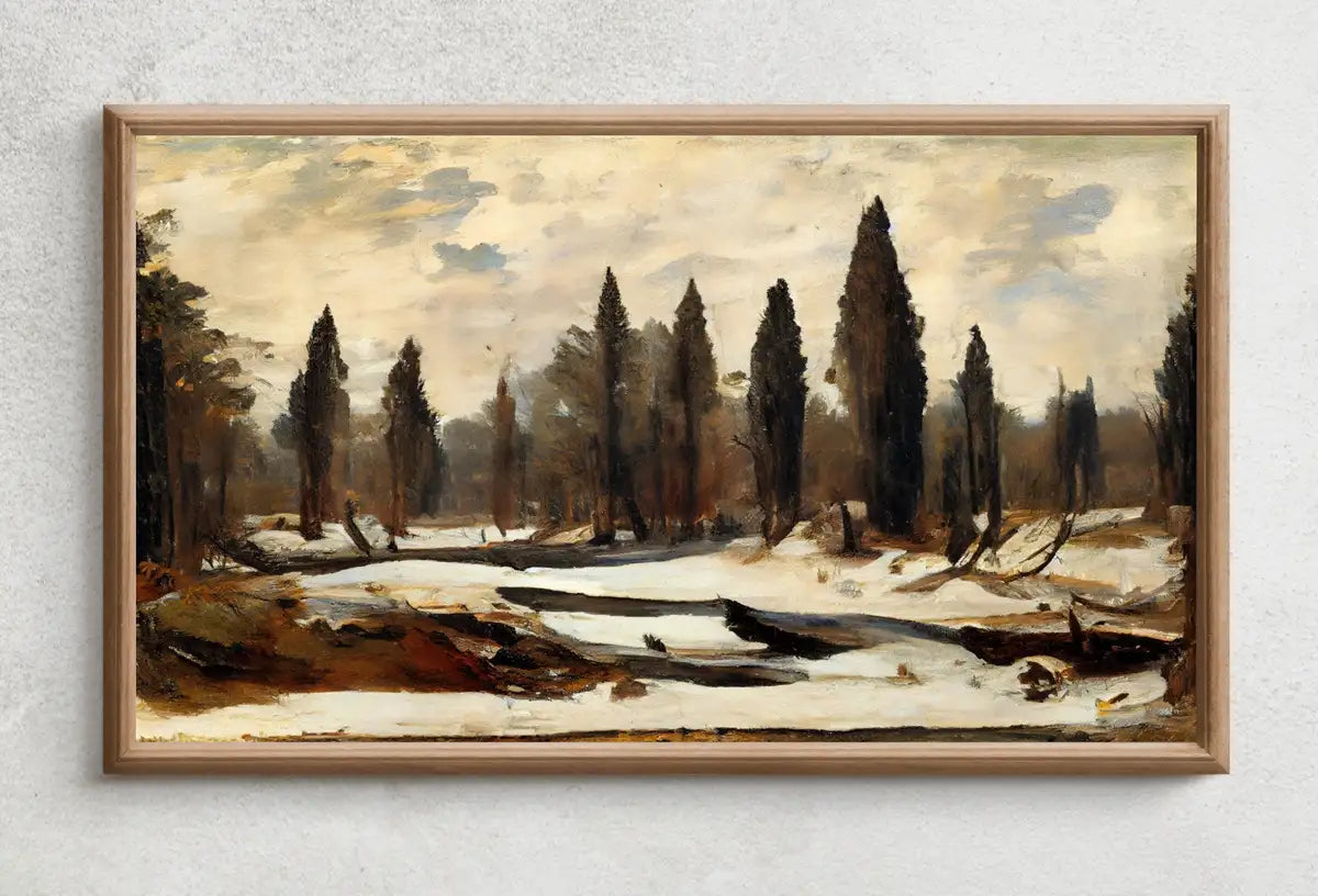 Detail view of artwork from Samsung Frame TV Art 4K Winter Landscape Rustic Digital Painting. Instant Download Muted Country Art for Samsung Frame TV. Moody Art for TV. (variation 2)
