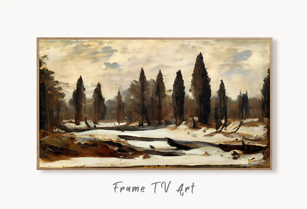 Samsung Frame TV Art 4K Winter Landscape Rustic Digital Painting. Instant Download Muted Country Art for Samsung Frame TV. Moody Art for TV displayed on Samsung Frame TV on a living room wall.