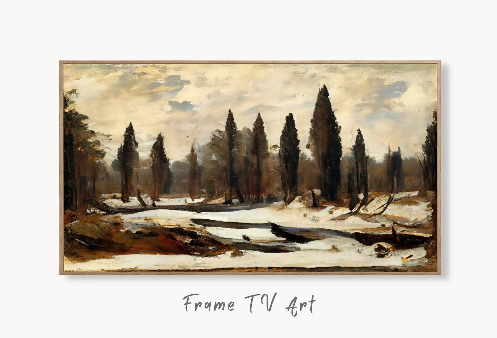 Samsung Frame TV Art 4K Winter Landscape Rustic Digital Painting. Instant Download Muted Country Art for Samsung Frame TV. Moody Art for TV displayed on Samsung Frame TV on a living room wall.