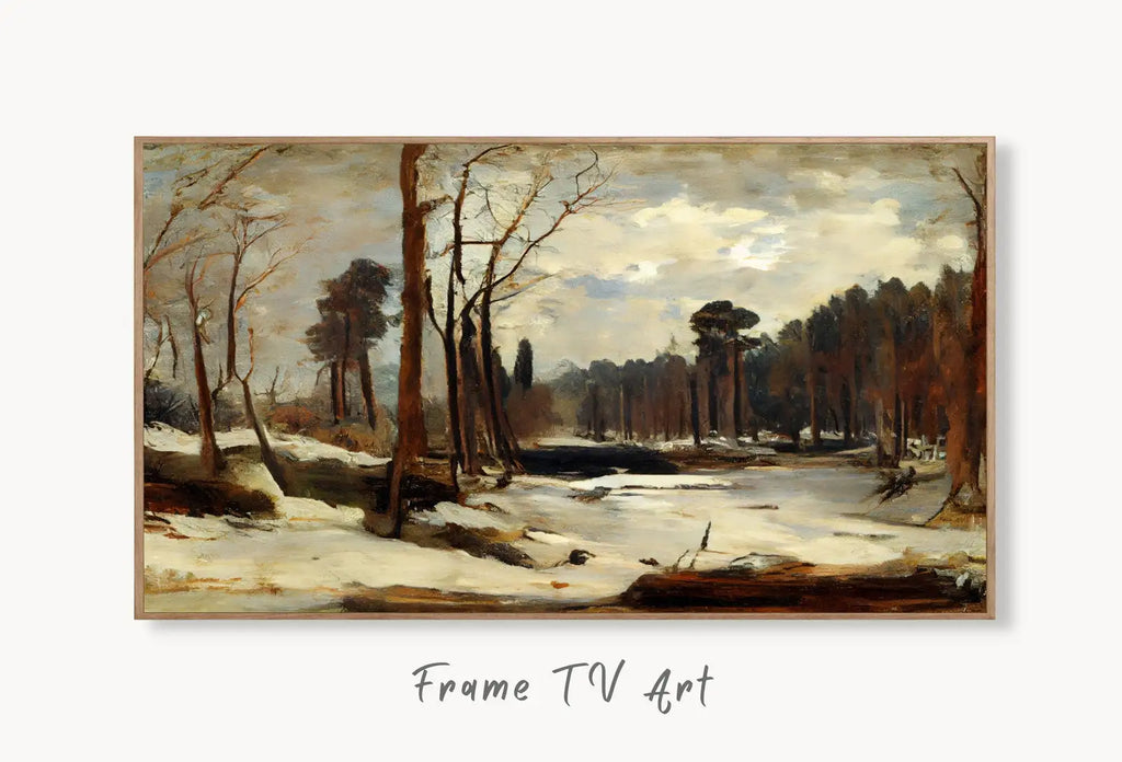 Samsung Frame TV Art 4K Winter Landscape Rustic Digital Painting. Instant Download Muted Snow Art for the Samsung Frame TV. Moody Art for TV displayed on Samsung Frame TV on a living room wall.