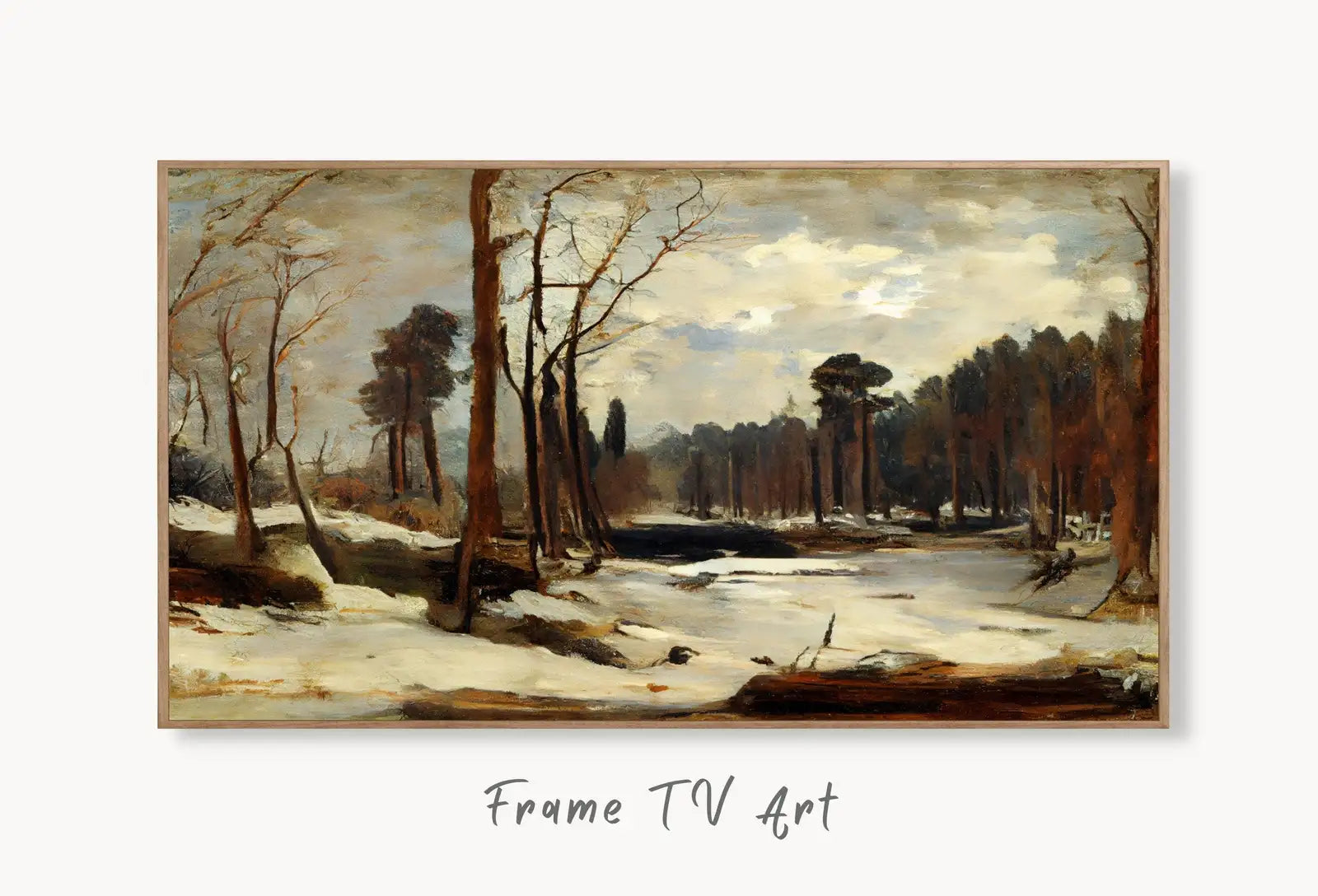 Samsung Frame TV Art 4K Winter Landscape Rustic Digital Painting. Instant Download Muted Snow Art for the Samsung Frame TV. Moody Art for TV displayed on Samsung Frame TV on a living room wall.
