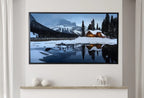 Detail view of artwork from Samsung Frame TV Art 4K Winter Log Cabin in Snowy Mountains. Landscape Digital Painting. Instant Download Winter Art for Samsung Frame TV. (variation 2)
