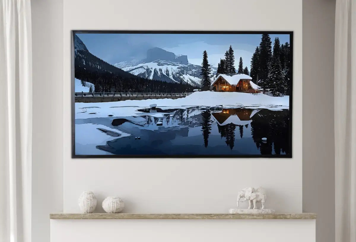 Detail view of artwork from Samsung Frame TV Art 4K Winter Log Cabin in Snowy Mountains. Landscape Digital Painting. Instant Download Winter Art for Samsung Frame TV. (variation 2)