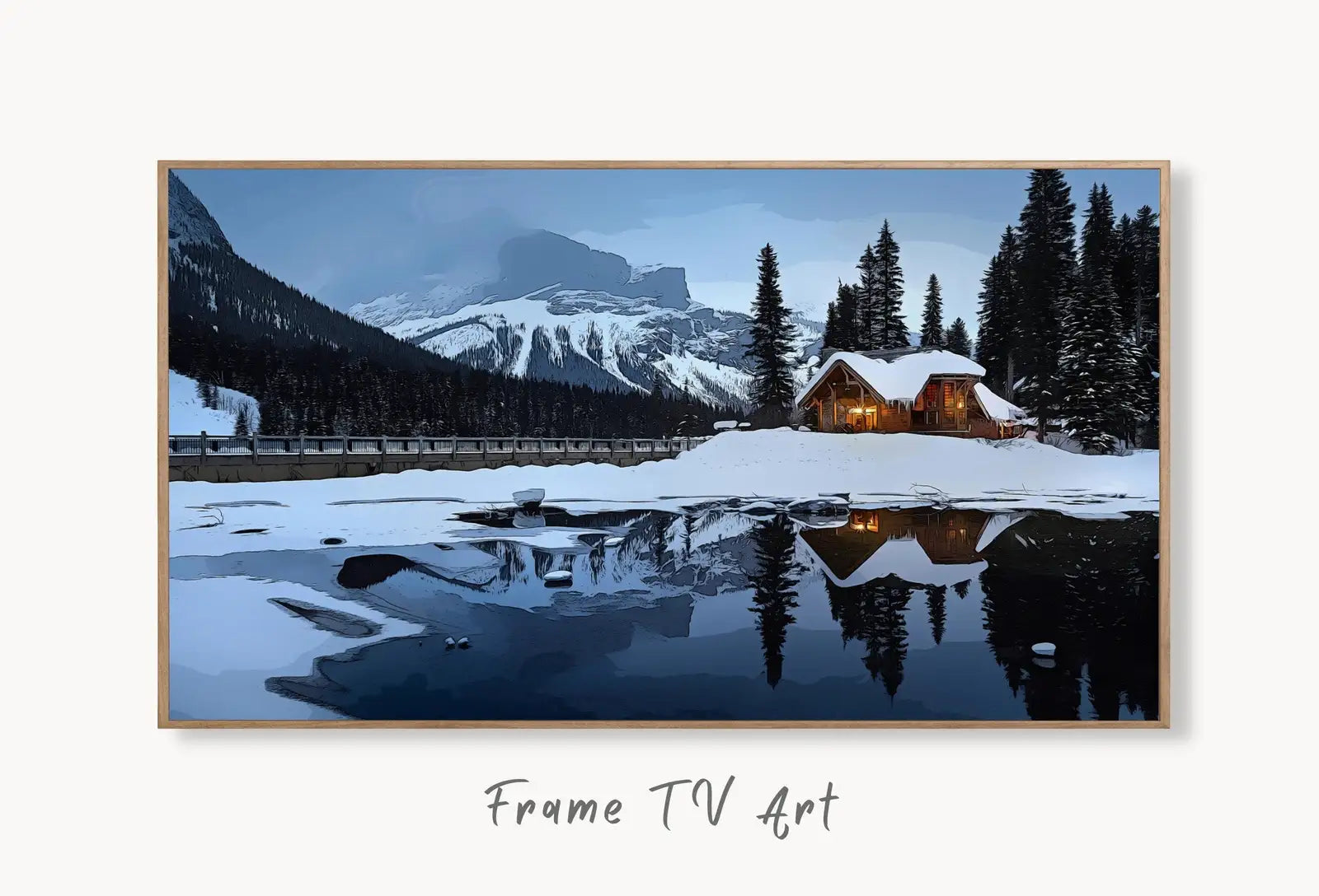 Samsung Frame TV Art 4K Winter Log Cabin in Snowy Mountains. Landscape Digital Painting. Instant Download Winter Art for Samsung Frame TV displayed on Samsung Frame TV on a living room wall.