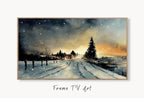 Samsung Frame TV Art 4K Winter Rustic Country Sunset Landscape Watercolor Painting. Instant Download Art for Frame TV. Nature Art for TV displayed on Samsung Frame TV on a living room wall.