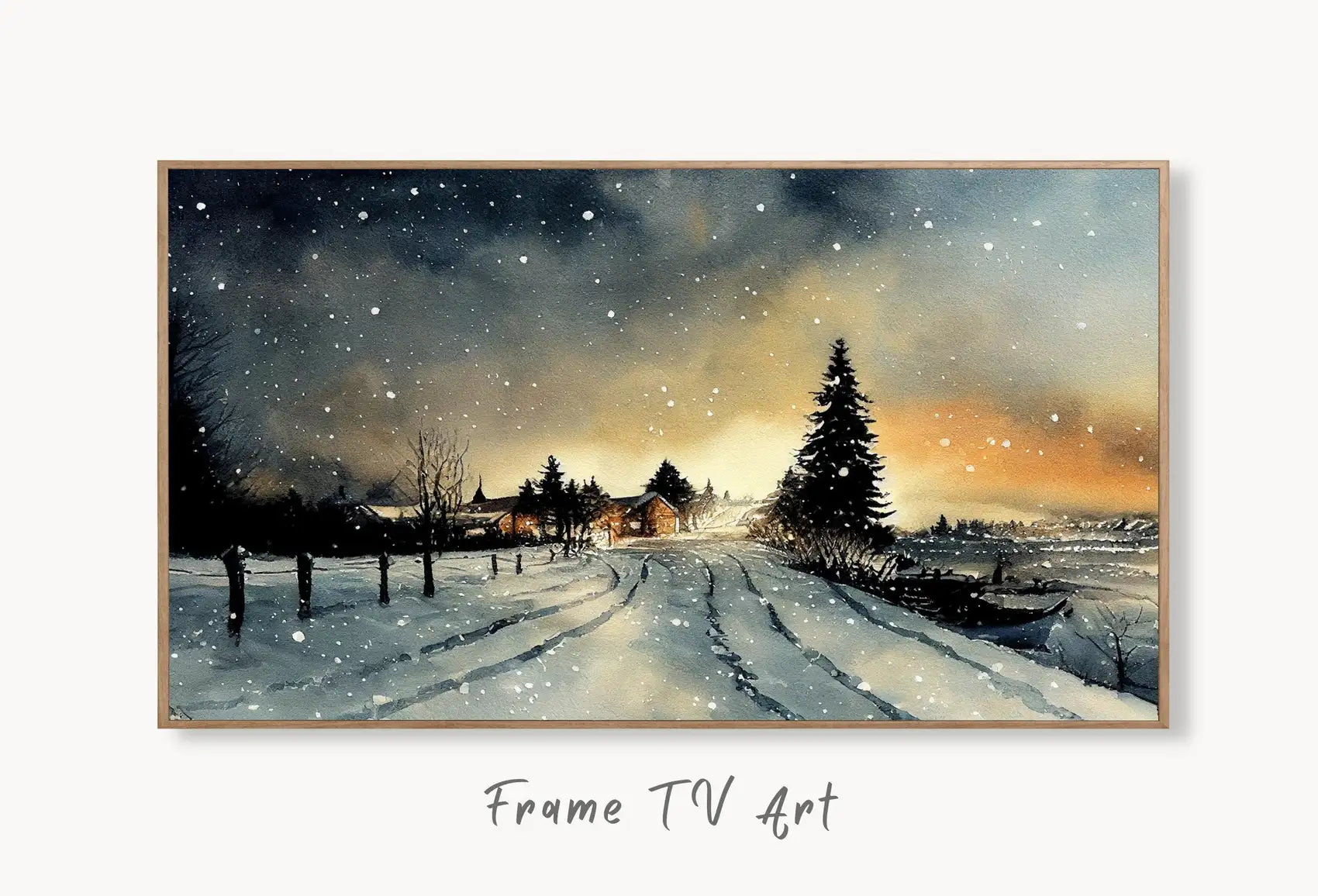 Samsung Frame TV Art 4K Winter Rustic Country Sunset Landscape Watercolor Painting. Instant Download Art for Frame TV. Nature Art for TV displayed on Samsung Frame TV on a living room wall.