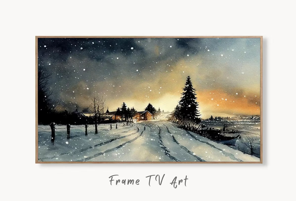 Samsung Frame TV Art 4K Winter Rustic Country Sunset Landscape Watercolor Painting. Instant Download Art for Frame TV. Nature Art for TV – Frame TV Art Set