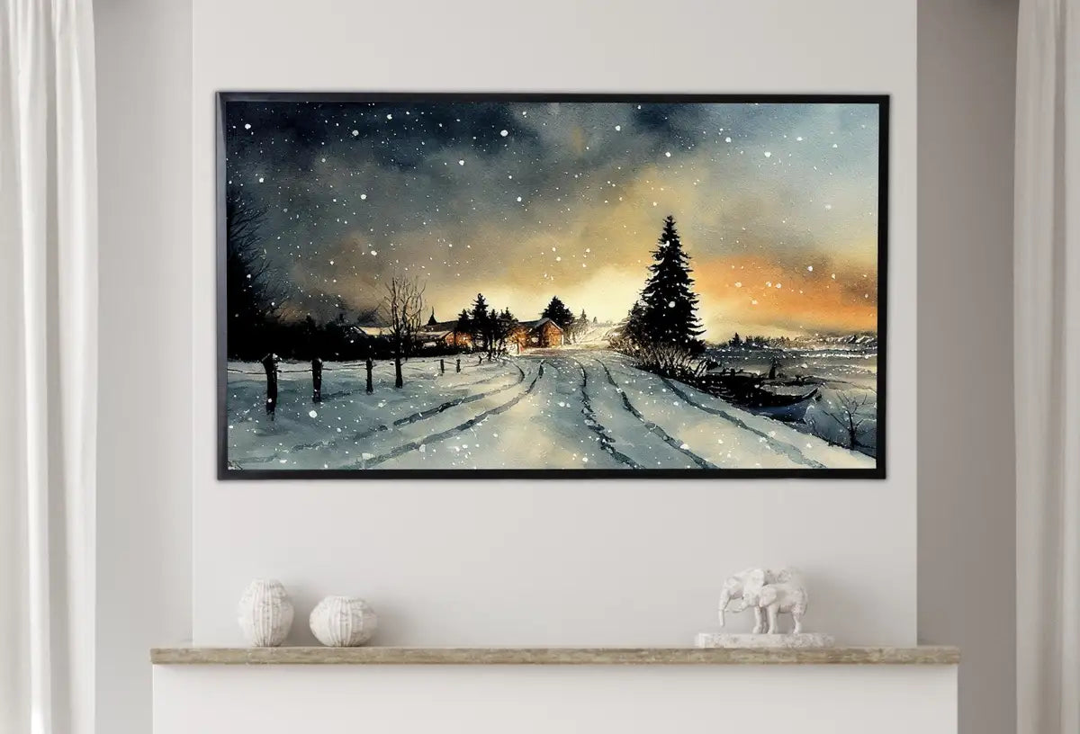 Detail view of artwork from Samsung Frame TV Art 4K Winter Rustic Country Sunset Landscape Watercolor Painting. Instant Download Art for Frame TV. Nature Art for TV. (variation 2)