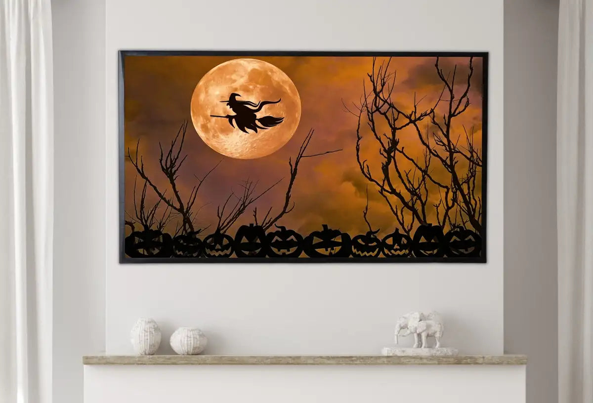 Detail view of artwork from Samsung Frame TV Art 4K Witch Halloween Decor. Moon Witch & Pumpkins Silhouettes. Instant Download Frame TV Spooky Art for Samsung Frame TV. (variation 2)