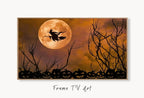 Samsung Frame TV Art 4K Witch Halloween Decor. Moon Witch & Pumpkins Silhouettes. Instant Download Frame TV Spooky Art for Samsung Frame TV displayed on Samsung Frame TV on a living room wall.