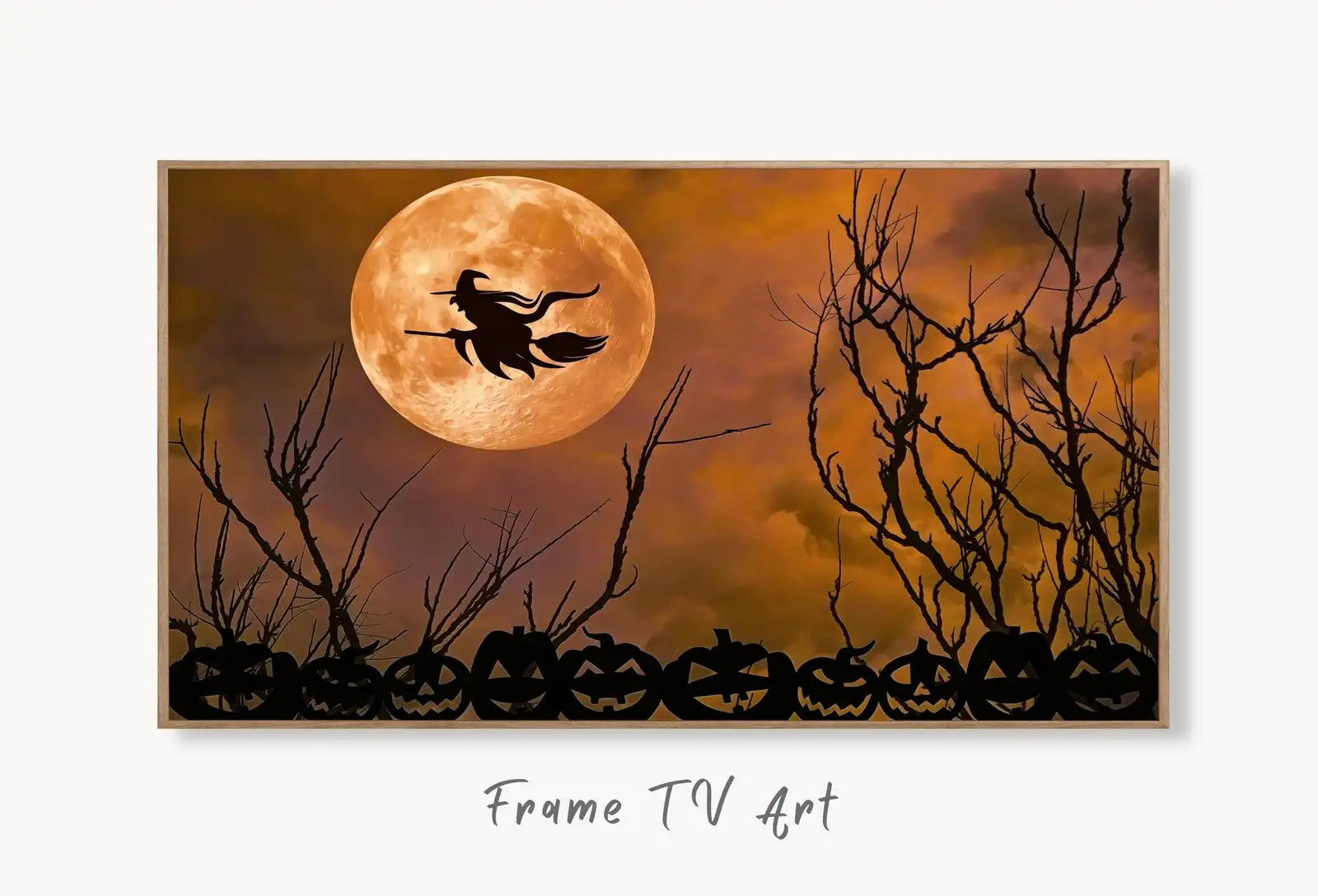 Samsung Frame TV Art 4K Witch Halloween Decor. Moon Witch & Pumpkins Silhouettes. Instant Download Frame TV Spooky Art for Samsung Frame TV displayed on Samsung Frame TV on a living room wall.