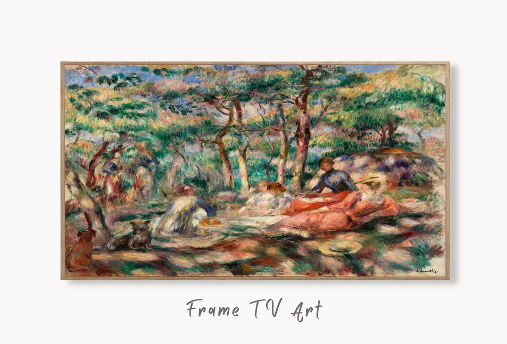 Samsung Frame TV Art 4K Woman in Garden by Auguste Renoir. Famous Antique Oil Painting. Landscape Vintage Impressionist Art for Frame TV displayed on Samsung Frame TV on a living room wall.