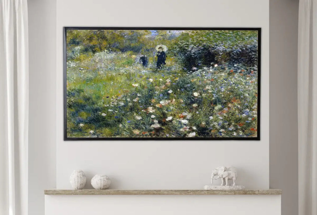 Detail view of artwork from Samsung Frame TV Art 4K Woman with Parasol in Garden by Auguste Renoir. Famous Antique Oil Painting. Landscape Vintage Art for Frame TV. (variation 2)