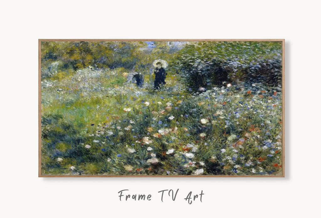 Samsung Frame TV Art 4K Woman with Parasol in Garden by Auguste Renoir. Famous Antique Oil Painting. Landscape Vintage Art for Frame TV displayed on Samsung Frame TV on a living room wall.
