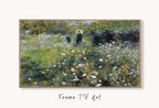 Samsung Frame TV Art 4K Woman with Parasol in Garden by Auguste Renoir. Famous Antique Oil Painting. Landscape Vintage Art for Frame TV displayed on Samsung Frame TV on a living room wall.