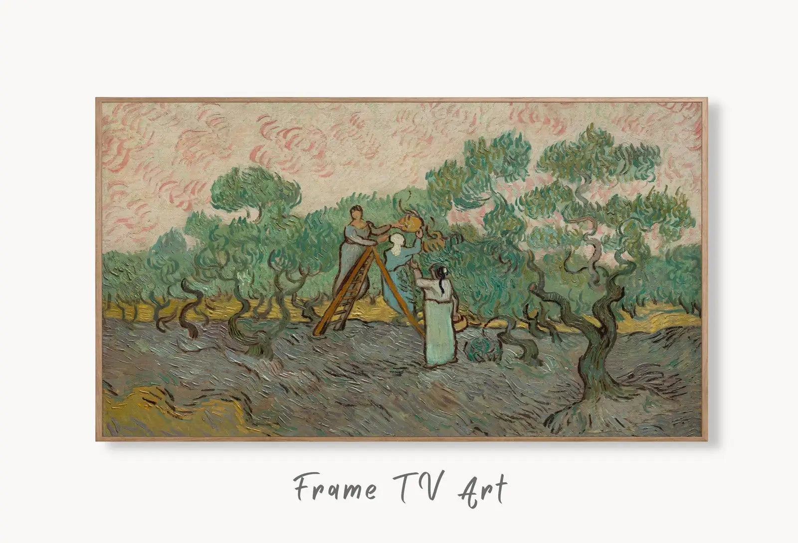 Samsung Frame TV Art 4K Women Picking Olives Famous Painting by Vincent van Gogh. Instant Download Landscape for the Frame TV. Vintage Decor displayed on Samsung Frame TV on a living room wall.