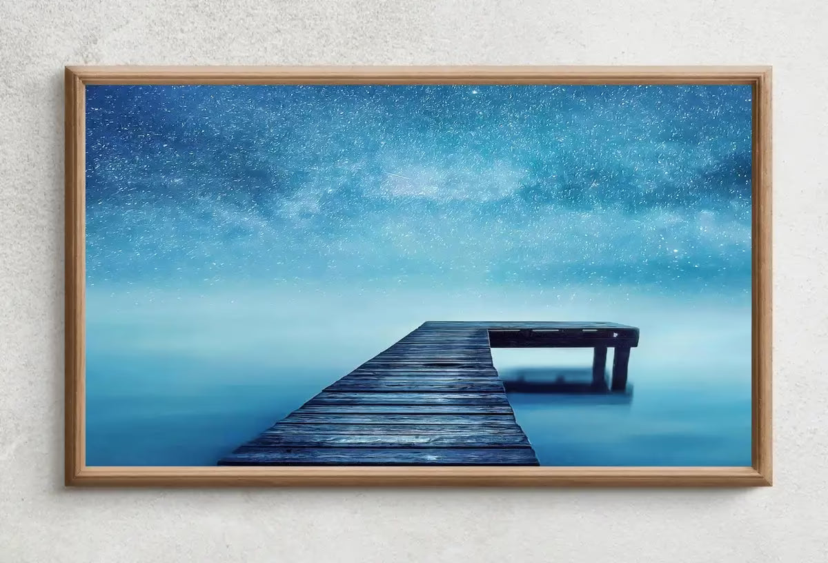 Samsung Frame TV Art 4K Wooden Pier with Starry Night Digital Painting. Lake Landscape Wall Decor. Instant Download Art for the Frame TV. – Frame TV  Art