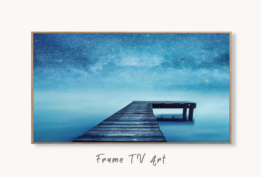 Samsung Frame TV Art 4K Wooden Pier with Starry Night Digital Painting. Lake Landscape Wall Decor. Instant Download Art for the Frame TV. – Frame TV  Art