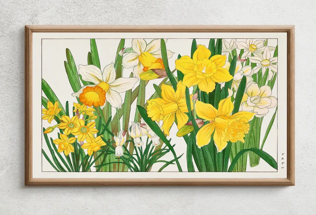 Detail view of artwork from Samsung Frame TV Art 4K Yellow Daffodil Flowers Vintage Japanese Art. Instant Download Antique Japanese Art for Frame TV. Vintage Wall Art. (variation 2)