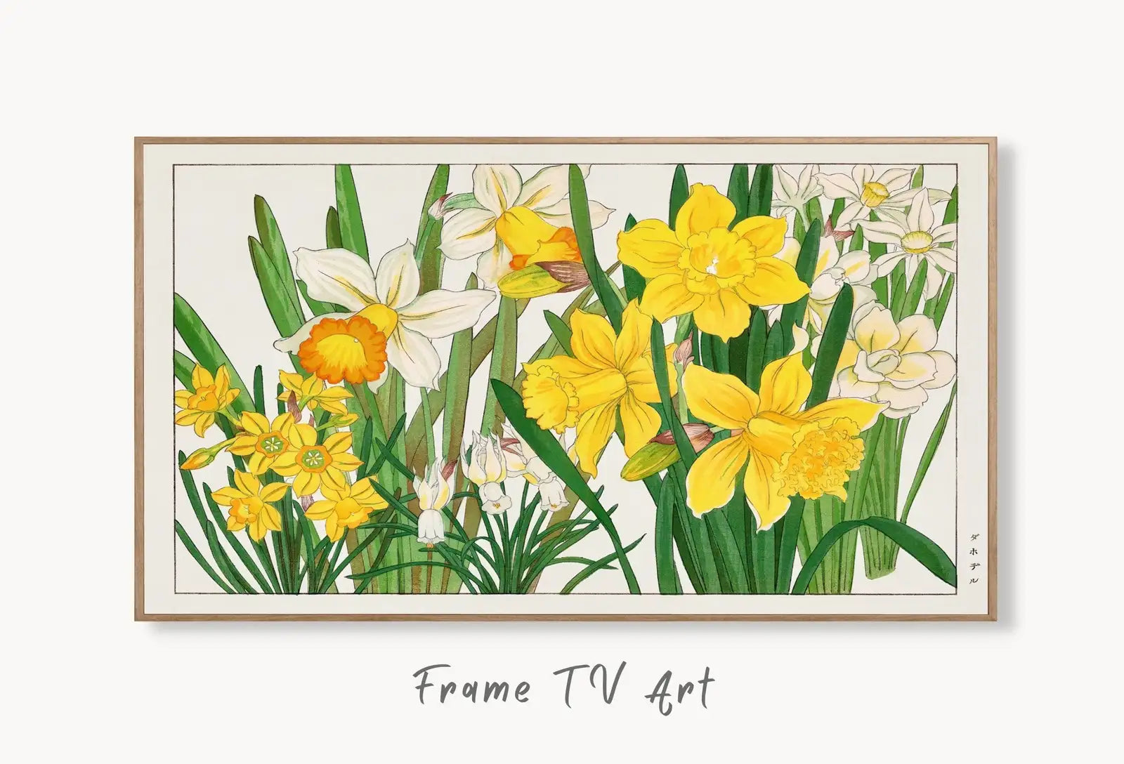 Samsung Frame TV Art 4K Yellow Daffodil Flowers Vintage Japanese Art. Instant Download Antique Japanese Art for Frame TV. Vintage Wall Art displayed on Samsung Frame TV on a living room wall.