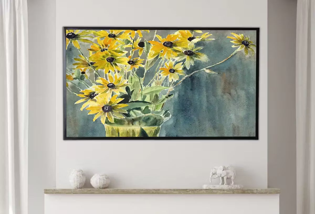 Samsung Frame TV Art 4K Yellow Flowers in Vase Art. Still life Vintage Painting. Instant Download Colorful Retro Floral Art for Frame TV – Frame TV  Art