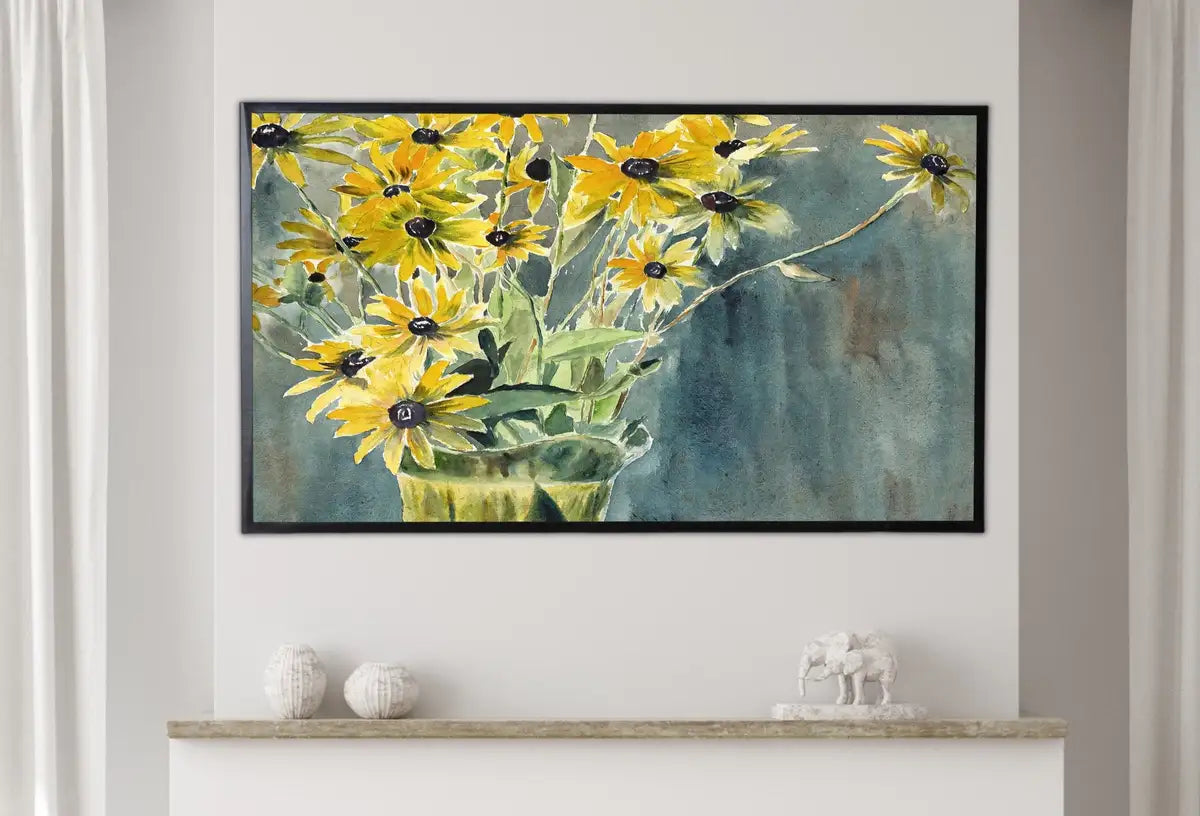 Detail view of artwork from Samsung Frame TV Art 4K Yellow Flowers in Vase Art. Still life Vintage Painting. Instant Download Colorful Retro Floral Art for Frame TV. (variation 2)
