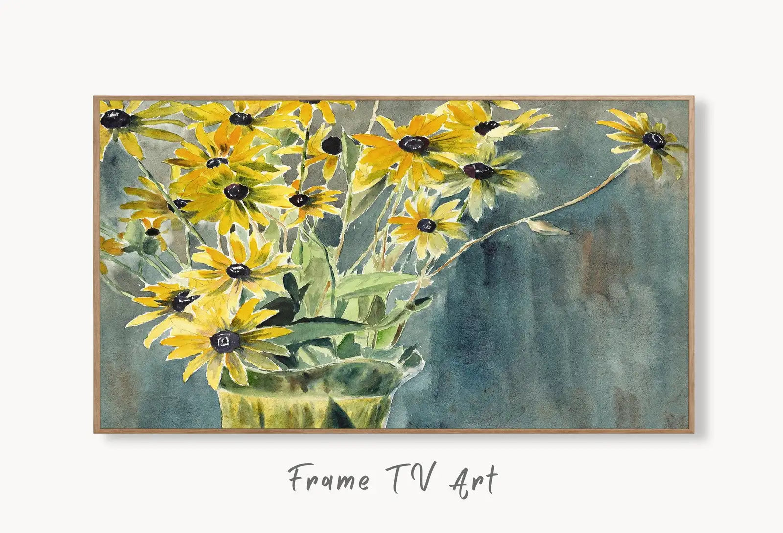 Samsung Frame TV Art 4K Yellow Flowers in Vase Art. Still life Vintage Painting. Instant Download Colorful Retro Floral Art for Frame TV displayed on Samsung Frame TV on a living room wall.