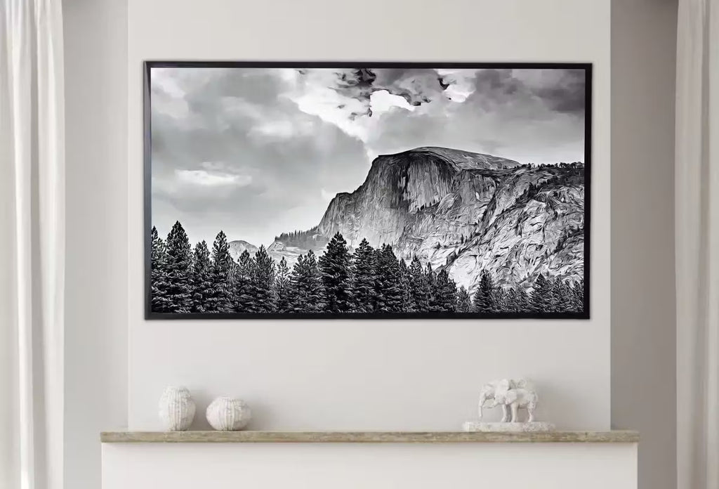Samsung Frame TV Art 4K Yosemite National Park Mountain Digital Painting. Instant Download Black and White Art for TV. Nature Wall Art – Frame TV  Art