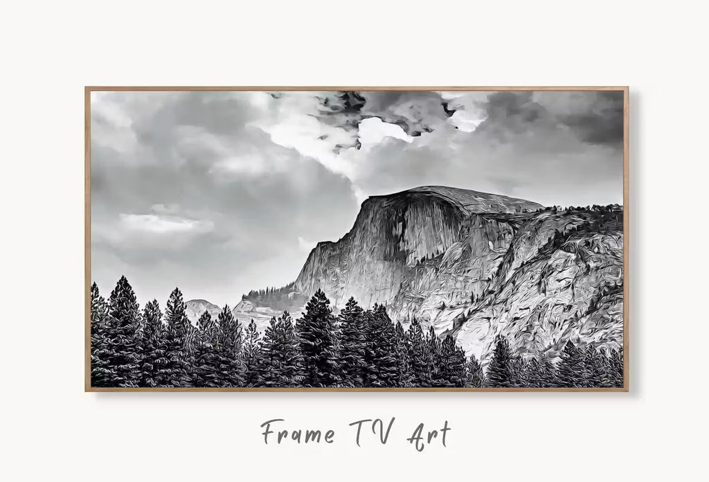 Samsung Frame TV Art 4K Yosemite National Park Mountain Digital Painting. Instant Download Black and White Art for TV. Nature Wall Art – Frame TV  Art