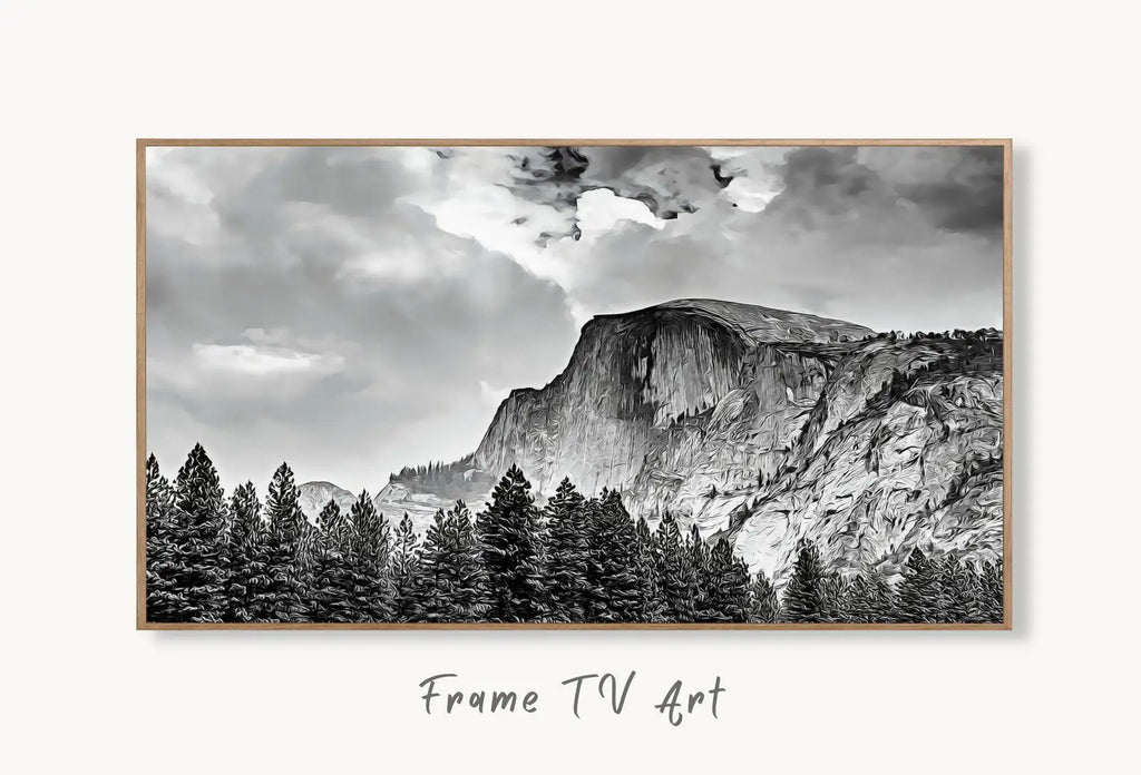 Samsung Frame TV Art 4K Yosemite National Park Mountain Digital Painting. Instant Download Black and White Art for TV. Nature Wall Art displayed on Samsung Frame TV on a living room wall.