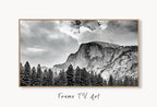 Samsung Frame TV Art 4K Yosemite National Park Mountain Digital Painting. Instant Download Black and White Art for TV. Nature Wall Art displayed on Samsung Frame TV on a living room wall.