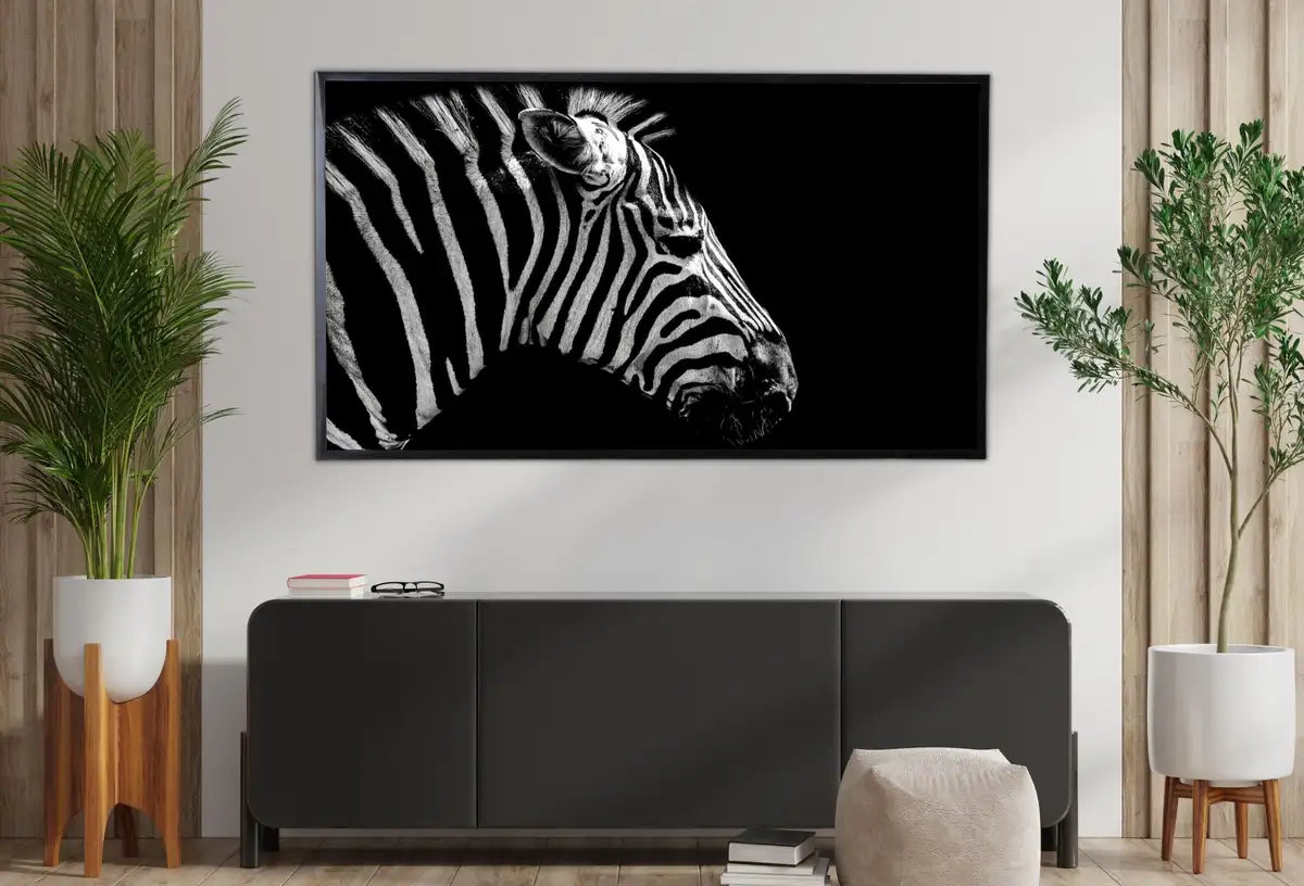 Detail view of artwork from Samsung Frame TV Art 4K Zebra Black and White Digital Painting. Instant Download Zebra Art for the Samsung Frame TV. Art for TV, Zebra decor. (variation 2)