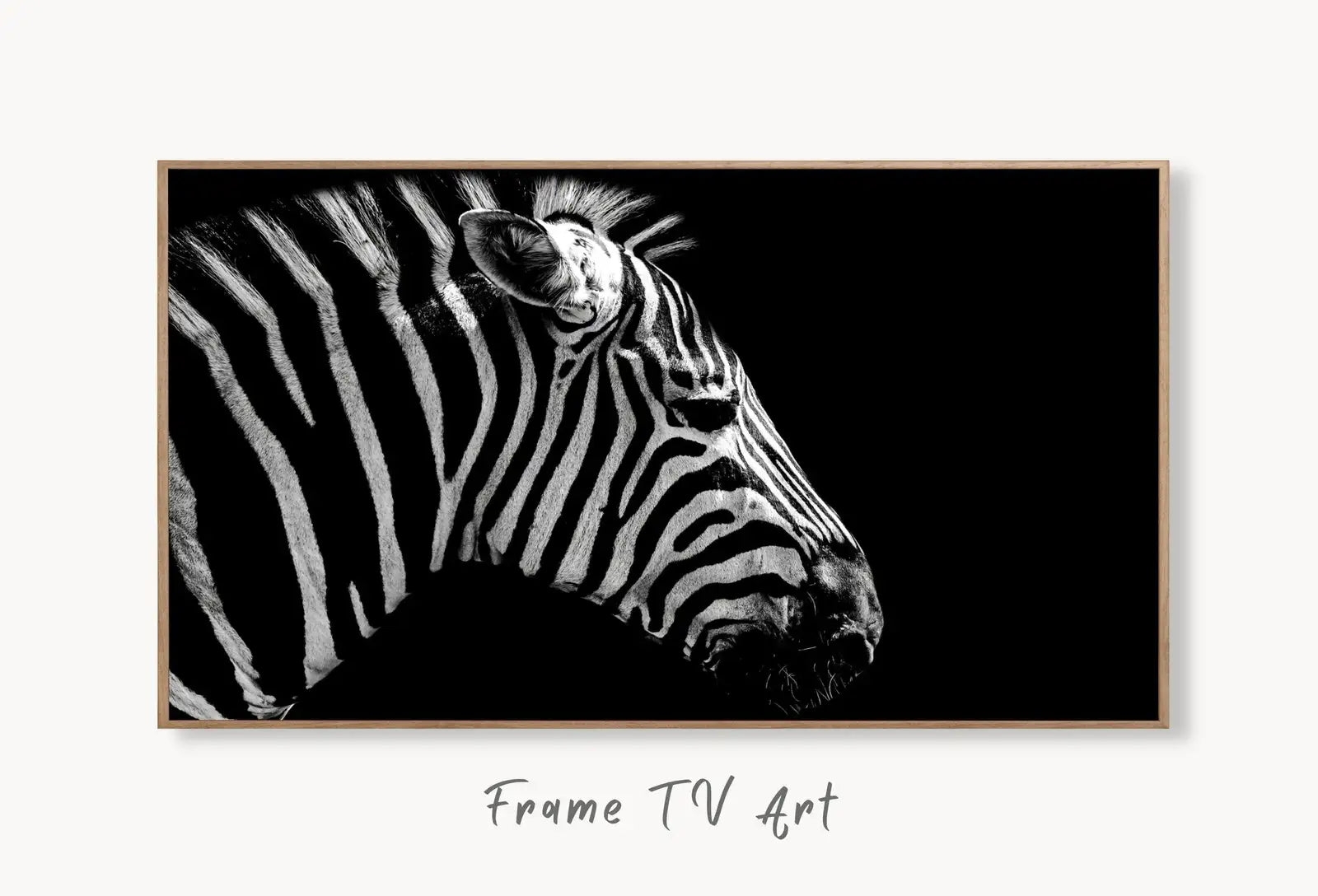 Samsung Frame TV Art 4K Zebra Black and White Digital Painting. Instant Download Zebra Art for the Samsung Frame TV. Art for TV, Zebra decor displayed on Samsung Frame TV on a living room wall.
