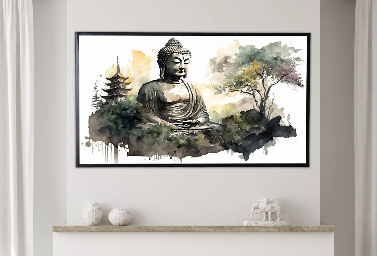 Detail view of artwork from Samsung Frame TV Art 4K Zen Wall Art. Buddha Meditating Statue. Buddhism Spiritual Art. Digital Download for Samsung Frame. Frame TV Art. (variation 2)
