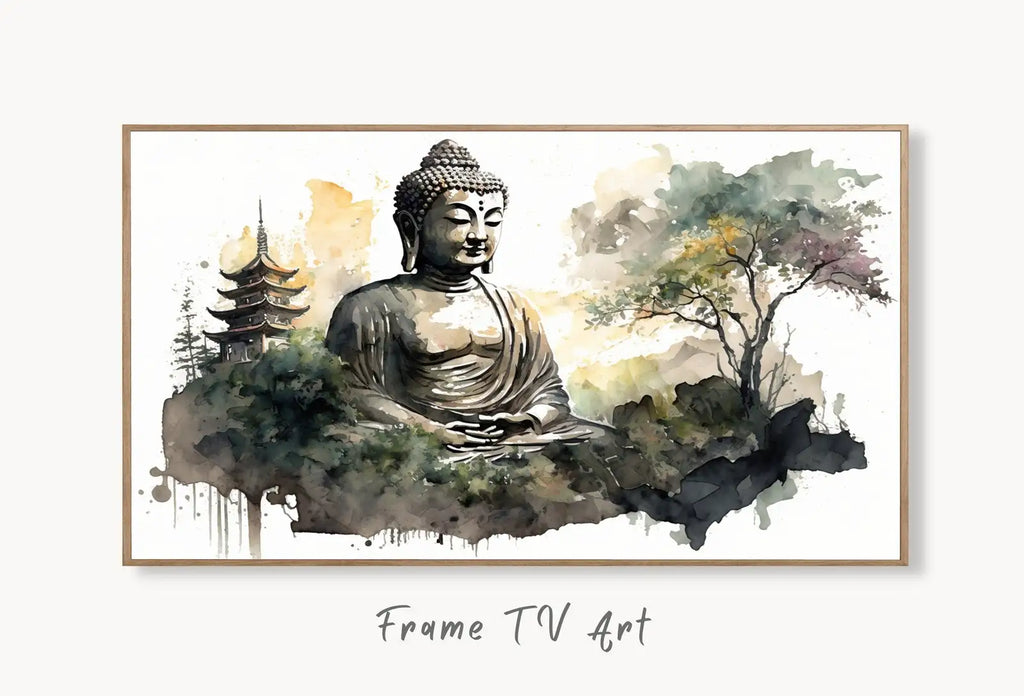 Samsung Frame TV Art 4K Zen Wall Art. Buddha Meditating Statue. Buddhism Spiritual Art. Digital Download for Samsung Frame. Frame TV Art displayed on Samsung Frame TV on a living room wall.