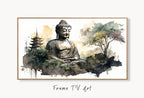 Samsung Frame TV Art 4K Zen Wall Art. Buddha Meditating Statue. Buddhism Spiritual Art. Digital Download for Samsung Frame. Frame TV Art displayed on Samsung Frame TV on a living room wall.