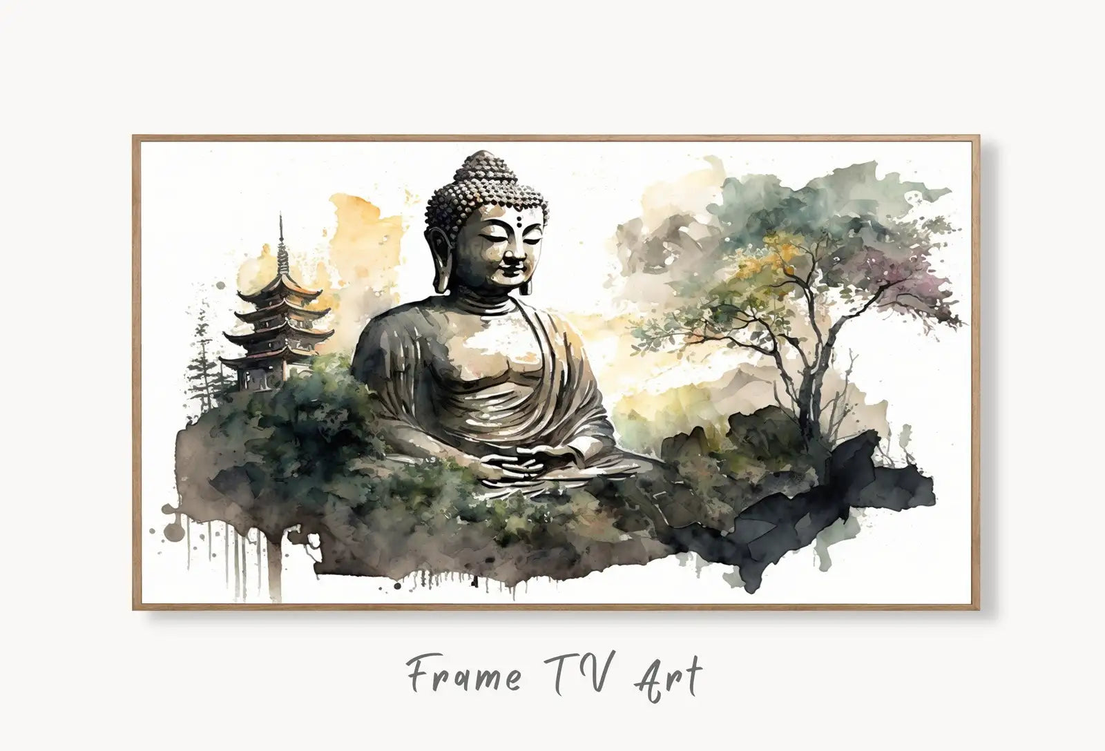 Samsung Frame TV Art 4K Zen Wall Art. Buddha Meditating Statue. Buddhism Spiritual Art. Digital Download for Samsung Frame. Frame TV Art displayed on Samsung Frame TV on a living room wall.