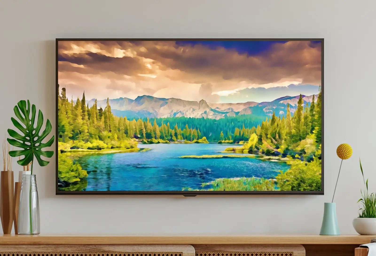 Included artwork preview showing first selection of artworks from Samsung Frame TV Art Forest Landscape with a Lake, Digital Download, Digital Art for Tv, Colorful Frame TV Art.