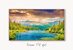 Samsung Frame TV Art Forest Landscape with a Lake, Digital Download, Digital Art for Tv, Colorful Frame TV Art displayed on Samsung Frame TV on a living room wall.